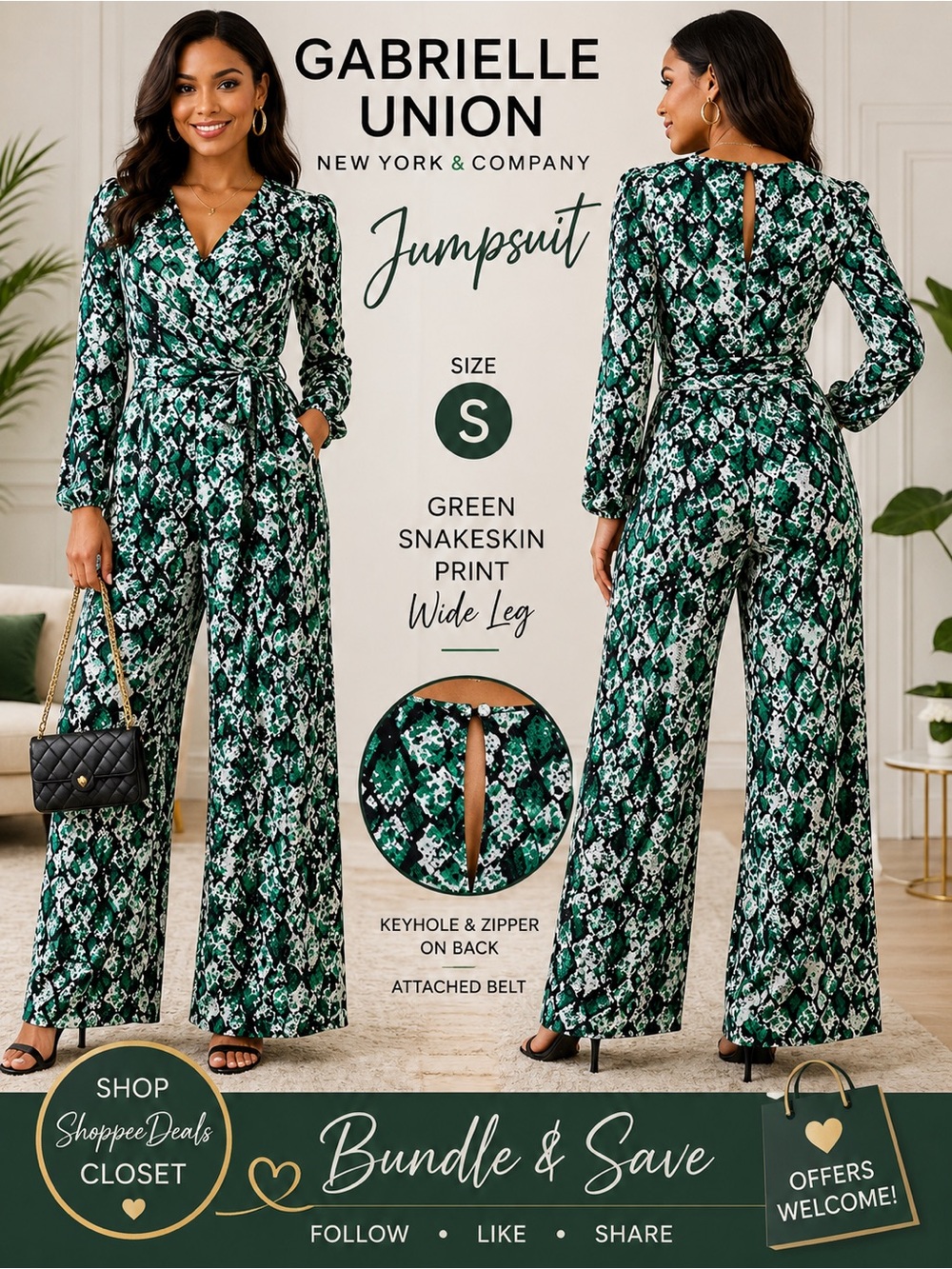 Gabrielle Union Green Snakeskin Print Wide Leg Jumpsuit Size Small